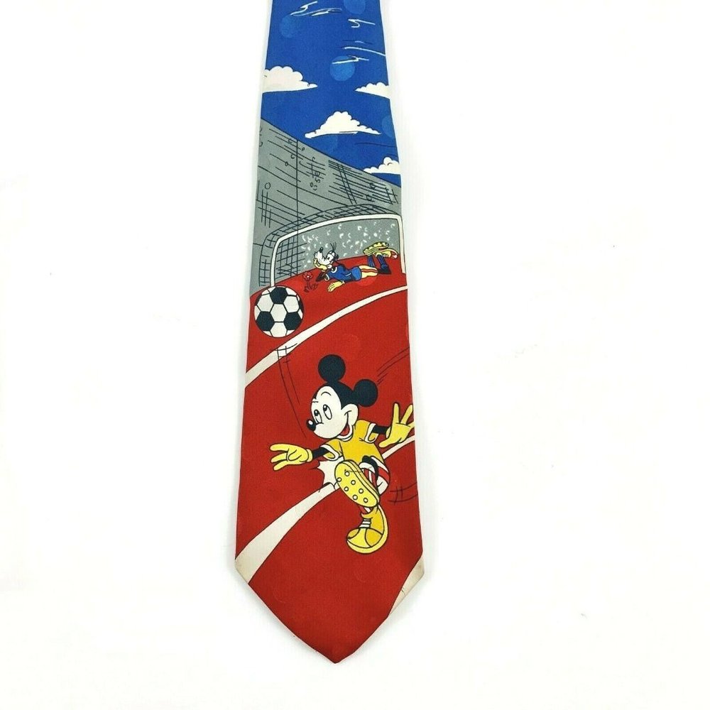 Mickey Unlimited Men's Novelty Necktie: Mickey Goofy Playing Soccer. Red.